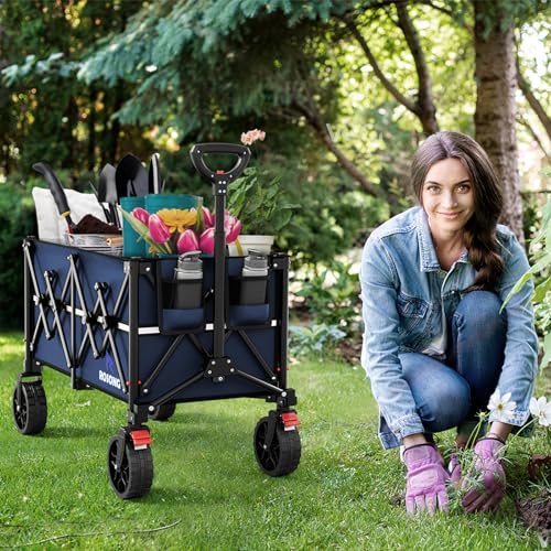 Image of ROSONG Collapsible Wagon Cart with Wheels Foldable - Folding Utility Heavy Duty Wagons Carts for Grocery Sports Garden Shopping Camping Wheelbarrows (Navy Blue, 150L)