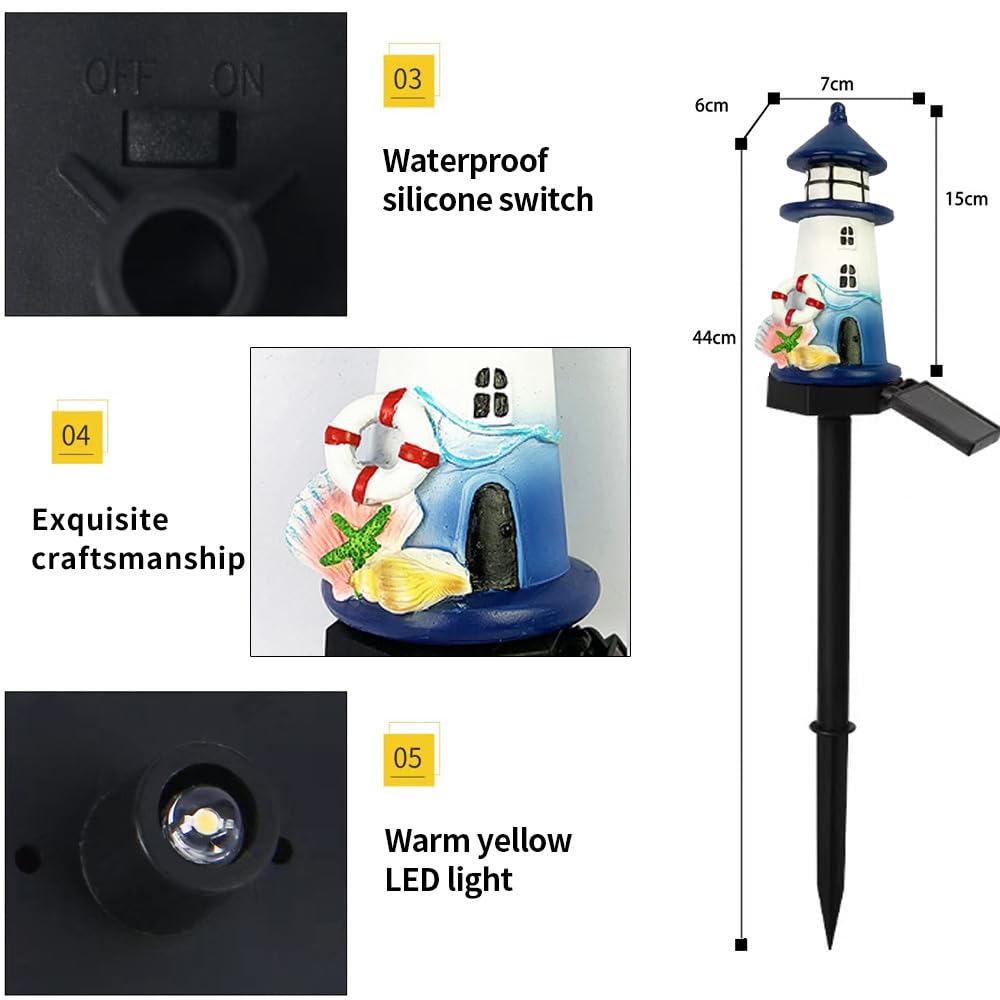 Luci solari blu e bianche del faro, lampada da terra carina della casa della decorazione del giardino e del cortile della resina, Luci LED senza fili da crepuscolo a alba impermeabili.