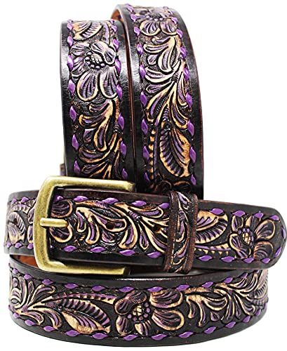 CHALLENGER 31-32 Western 1 1/2" Wide Floral Tooled Purple Buckstitch Leather Belt 26FK122