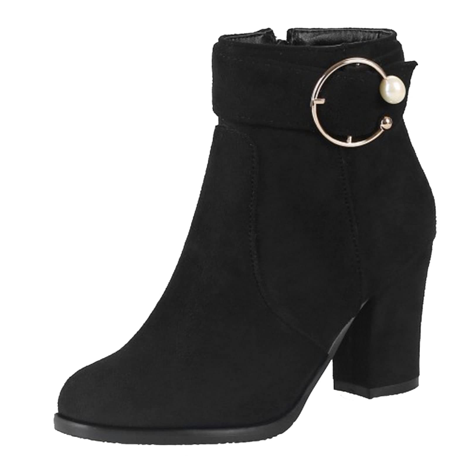 Womens Chunky Heel Ankle Boots with Zipper and Buckle