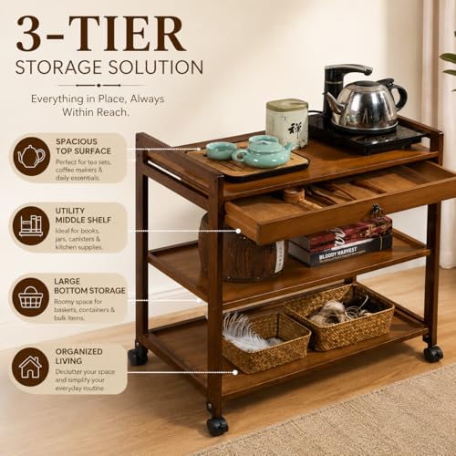 Image of Solid Wood Kitchen Trolley on Wheels - 3-Tier Rolling Serving Cart with Drawer & Storage Shelves, Portable Tea Coffee Station for Home, Wood Trolley Dining & Kitchen (L 59 x W 33 x H 80 cm)