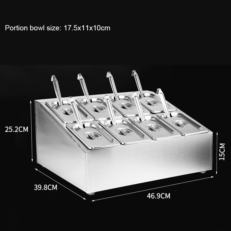 Estación de preparación de pizza, bandejas de acero inoxidable con compartimentos, organizador de mermeladas y condimentos con tapas, recipientes para condimentos y salsas (50 x 22,3 x 22,2 cm)