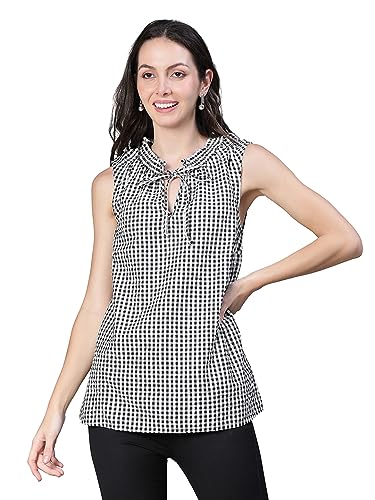 Image of oxolloxo Women Check Print Sleevless Tie Neck Cotton Top