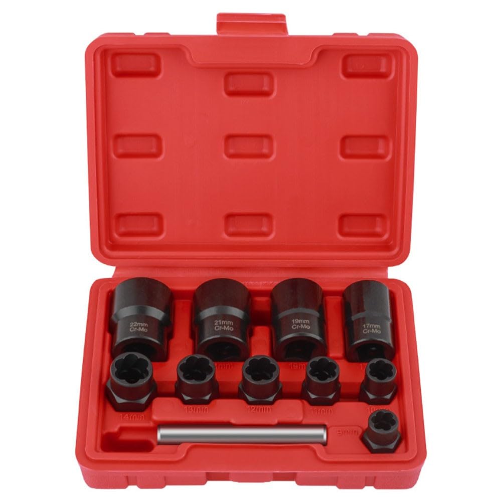 Set di 11 chiavi a bussola per estrattori di dadi in acciaio Cr-Mo per dadi spelati arrotondati, attacco da 3/8" e adattatore esagonale da 1/2" per avvitatore a percussione