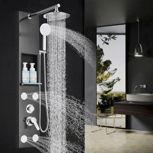 Panneau de douche colonne avec affichage de la température, cascade, douchette à main hydromassage et bec de baignoire mural multifonction en acier inoxydable