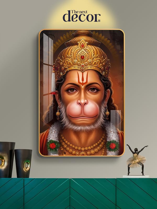 Image of The Next Decor Lord Hanuman Ji Wood Glass Finish Wall Art Decorative Painting for Living Room, Bedroom, Dining Room (Size: 18x12 Inches)