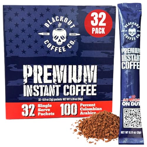 Blackout Coffee Colombian Arabica Instant Coffee – Medium Roast, Strong Aromatic, Single Serve Packets – Premium Quality 32 Count.