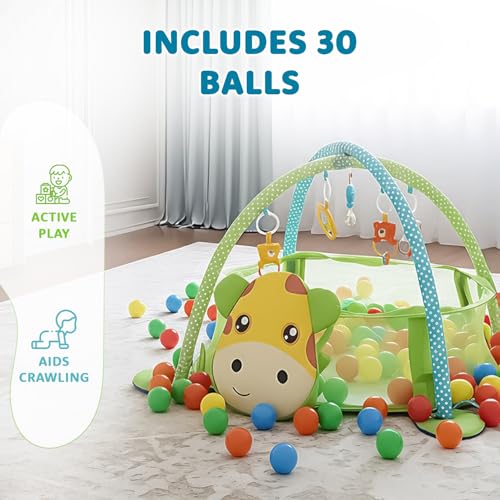 Image of Amazon Brand - Supples Baby Play Gym Pool | Activity Play Gym for Baby with Hanging Toys and 30 Colorful Balls | 3-in-1 Ball Pit, Mat & Gym | Giraffe Print | Multicolor | Baby Bedding for 2+ Months