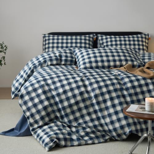 Image of EAVD Vintage Buffalo Plaid Duvet Cover Set Queen 3-Piece Navy Blue&White
