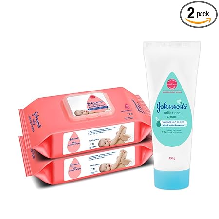 Johnson's Baby Skincare Wipes With Lid, 72s Twin Pack & Johnson's Baby Milk & Rice Cream 100g