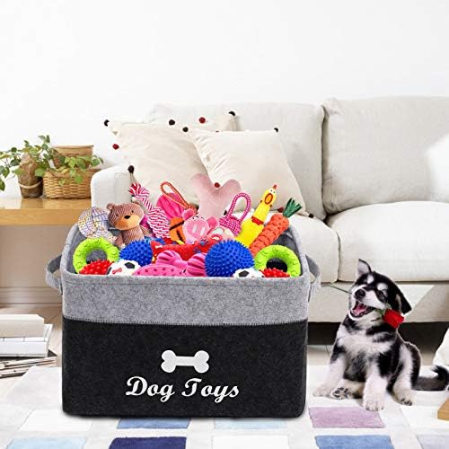 Geyecete Dog Toys Box Storage Bins Basket-Pet Toy and Accessory Storage Bin,Foldable felt Organizer Storage Basket for Pet Toys,Blankets-Dark Gray/light gray