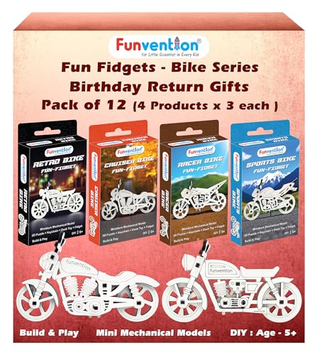 Image of Funvention Birthday Return Gifts (Pack of 12) Fun Fidgets - Bike Series | DIY Mini Mechanical Models 3D Puzzle Return Favours for Kids Birthday Party 5+ Years Made in India Toys Return Gift, Silver