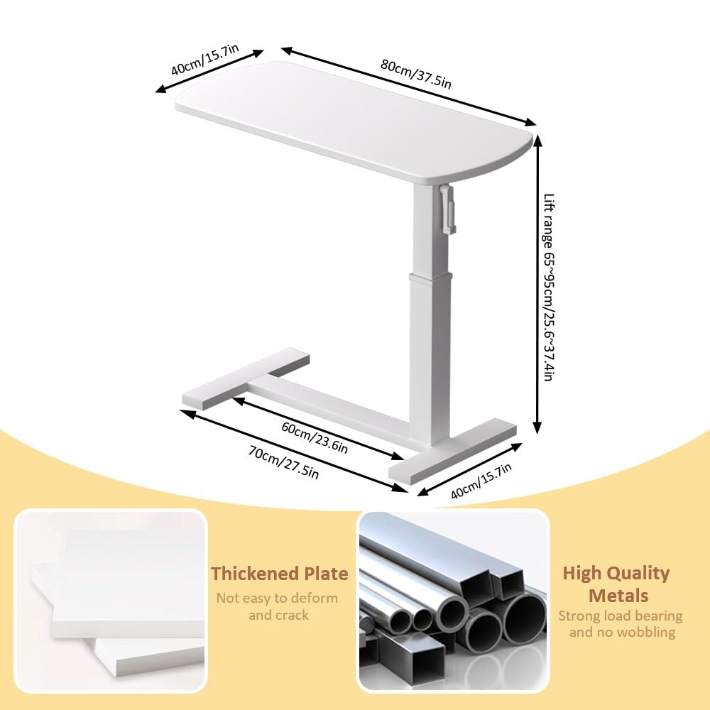 Mesita Auxiliar de Altura Regulable, mesita de Noche con Ruedas, Forma de C, de Madera y Metal, para salón, Dormitorio u Oficina, Capacidad de Carga de 50 kg, 80 x 40 x 65-95 cm.