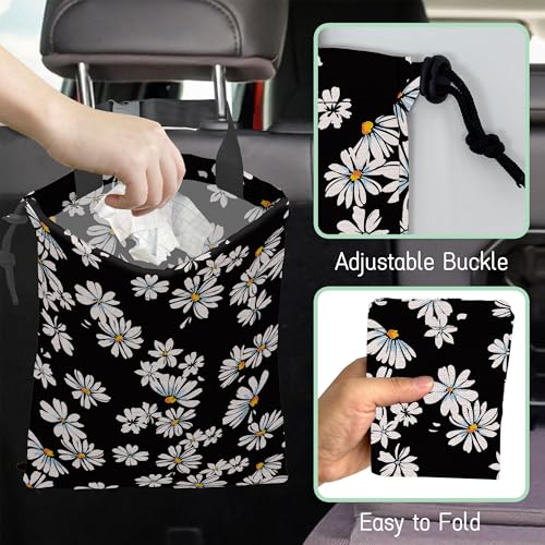 Image of Small Daisy Flowers Car Garbage Bag,Waterproof Small Car Trash Bag Hanging Back of Seat,Drawstring Hanging Car Trash Bag with Adjustable Buckle for Car Accessories
