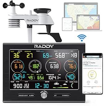 Raddy L7 LoRa Weather Station 1.9 Miles Long Range - 13-in-1 Indoor Outdoor Weather Station with Rain Gauge, Thermometer, Humidity Sensor for Garden, Greenhouse, Farm, 7.2" Large Display