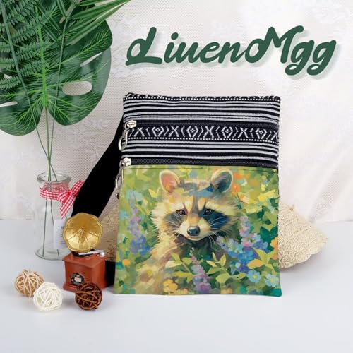 Floral Raccoon Messenger Bag Small Ethnic Pattern Printed Adjustable Strap Crossbody Zipper Bag Floral Raccoon Phone Bag Wallet Cute Shoulder Handbag for Women Friends -1 5