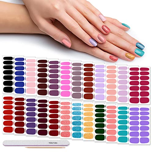Nail Polish Strips, Danneasy 24 Sheets Self Adhesive Nail Wraps Solid Color Nail Sticker Polish Manicure Kit With 1Pc Nail File + Wood Cuticle Stick #TOP9
