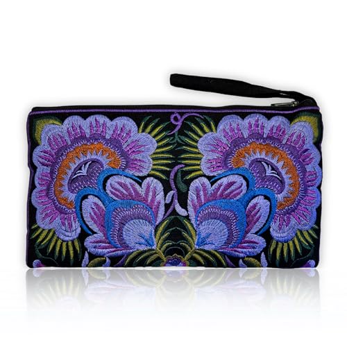 Image of Sabai Jai - Floral Embroidered Boho Clutch - Handmade Ethnic Flower Wristlet Purse