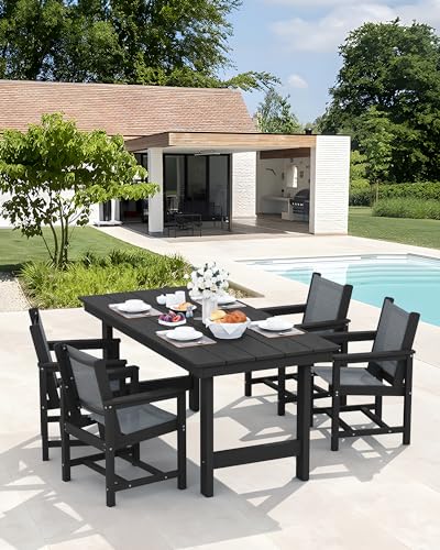 Image of SERWALL 5 Pcs HDPE Patio Dining Set with 1 Table & 4 Woven Chairs, Gray | HDPE Outdoor Dining Set with Rectangular Table & 4 Woven Chairs, All-Weather Patio Dining Furniture