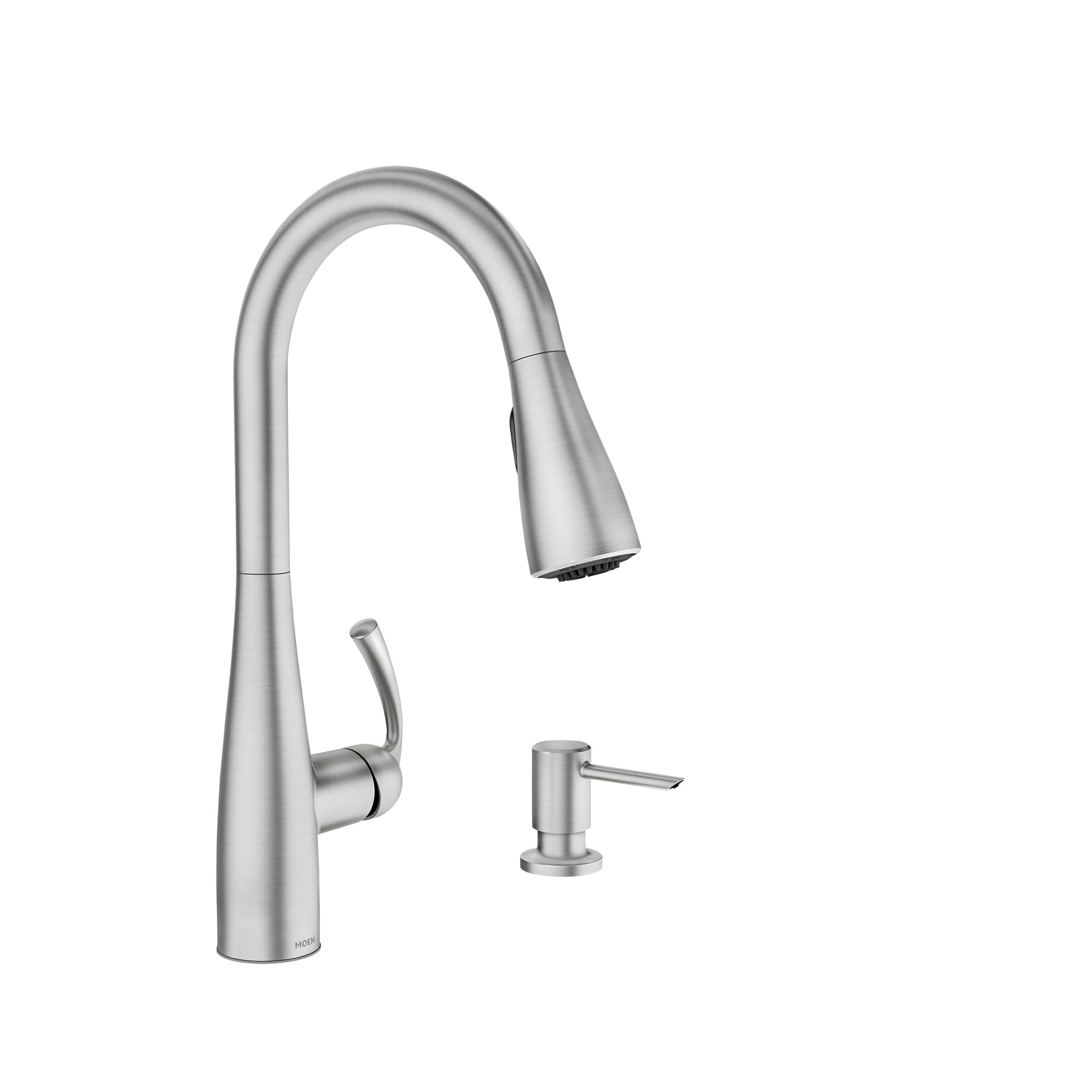 Moen Essie Spot Resist Stainless Pulldown Sprayer Kitchen Sink Faucet Set with Modern Pump Soap Dispenser, 87014SRS