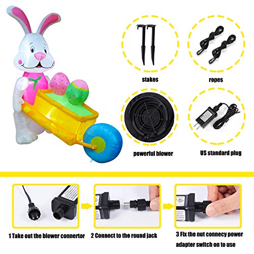 SEASONBLOW 6 FT LED Light Easter Inflatable Rabbit Pushing Wheelbarrow with Eggs Decorations for Yard Lawn Garden Home Outdoor Indoor Holiday Decor