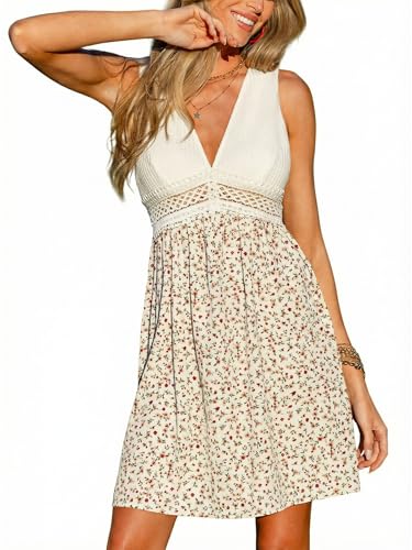 CUPSHE Minivestido floral de verano para mujer, cuello en V, cintura de encaje, lazo en la espalda, espalda descubierta, playa, vacaciones, vestidos cortos, Blanco y beige, M