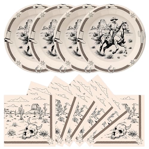 Xjoviative 50Pcs Cowboy Plates and Napkins Supplies Disposable Western Theme Paper Plates Napkins Wild West First Rodeo Tableware Set for Birthday Bachelorette Party Decorations (Cowboy)