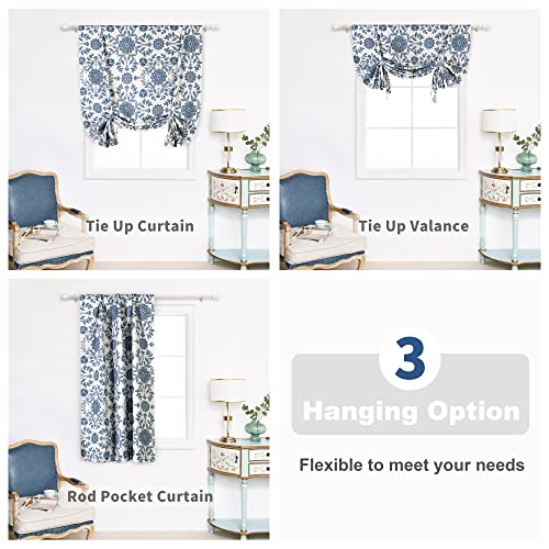 Driftaway Twyla Linen Blend Blackout Tie Up Curtain For Kitchen Boho Floral Printed Linen Curtains Tie Up Shade For Bedroom Adjustable Balloon Rod Pocket 45 Inch By 63 Inch Ivory Navy #TOP2