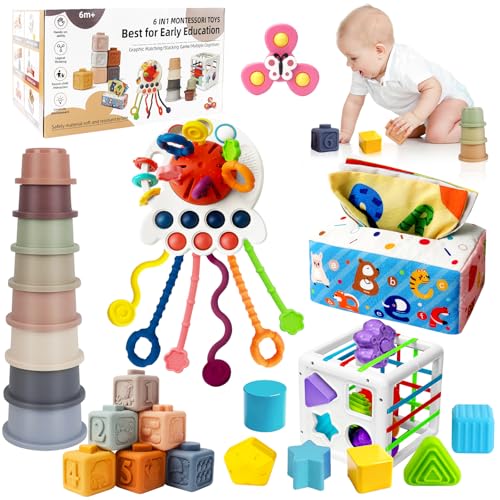 Image of EPOGG 6 in 1 Montessori Toys for Babies 6-12 Months Up - Incl Pull String Toy, Stacking Cups, Tissue Box, Suction Cup Spinner, Stacking Blocks,Activity Cube, Baby Toys for 1 2 3 Year Old