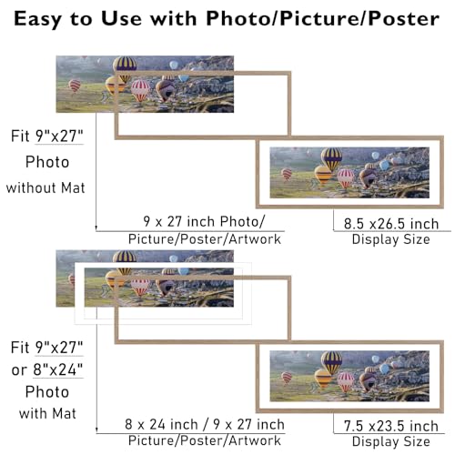 Image of JCJMY 9x27 Picture Frame with 8x24 Mat, Display Photo 8x24 with Mat or 9 x 27 Without Mat, Wall Hanging Large 9 by 27 Poster Frame with Plexiglass, Rustic Brown