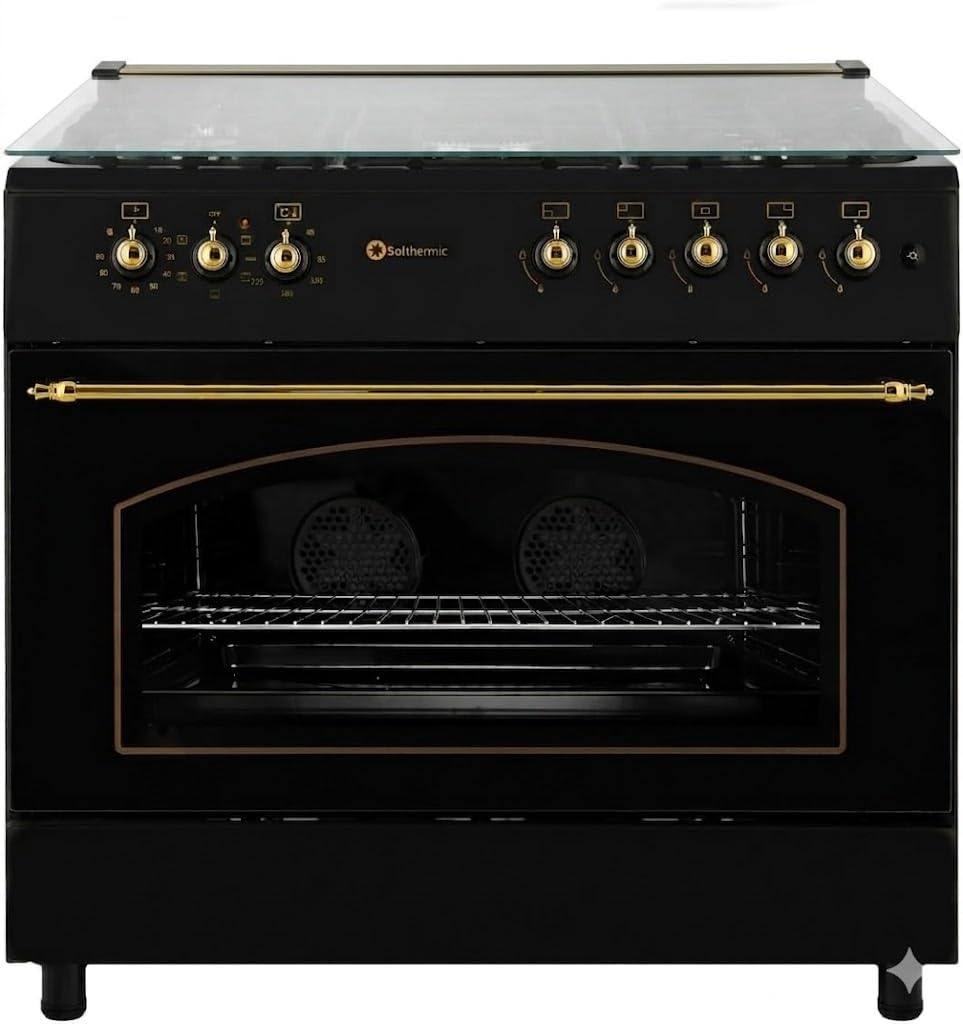 SOLTHERMIC F9L50E5R COCINA GAS CON HORNO ELECTRICO NEGRA RUSTICA CON MANDOS DORADOS/ANCHO 90 CMS / 5 FUEGOS/HORNO PANORAMICO 115 L. / GAS BUTANO Y GAS CIUDAD/ENTREGA A DOMICILIO