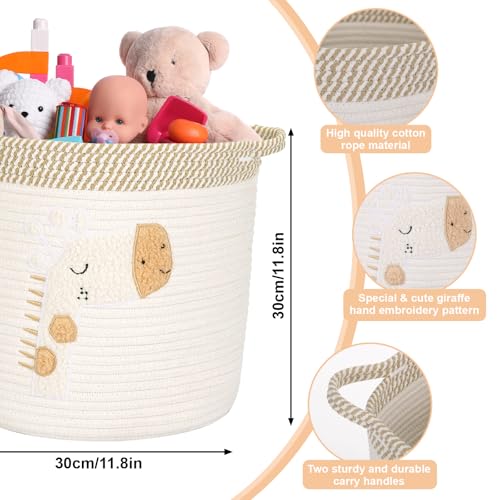 Huiguli Aufbewahrungskorb Kinder aus Baumwolle, Kinderzimmer Aufbewahrung Körbe mit Griff für Spielzeug und Wäsche, Wäschekorb Geflochten für Schlafzimmer, Beige, 30x30cm (Giraffe)