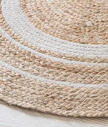 Image of Jute Braided Natural Hand Woven & Reversible Rug for Living Room Kitchen Entryway, Farmhouse Rustic Burlap Carpet Floor Mat (Whitejute, 90cm)