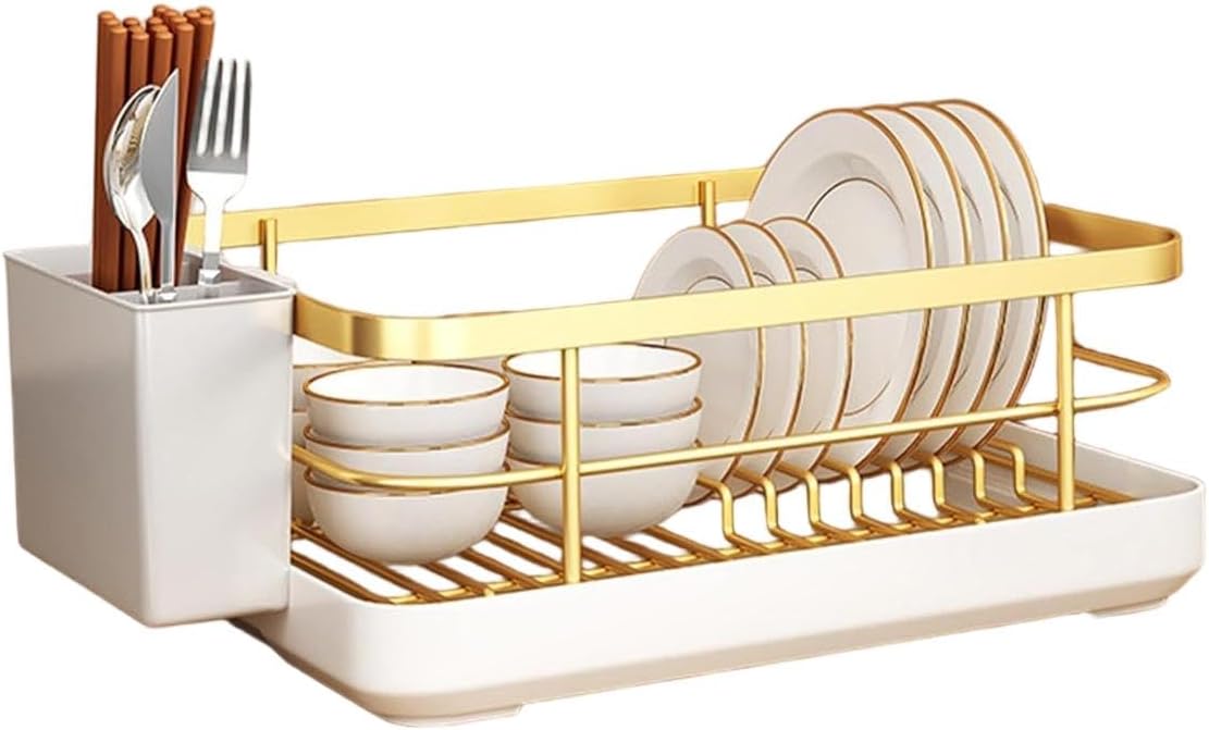dish drying rack for kitchen counter - space-saving gold dish rack with drip tray & cutlery holder, carbon steel removable dish drainer rack