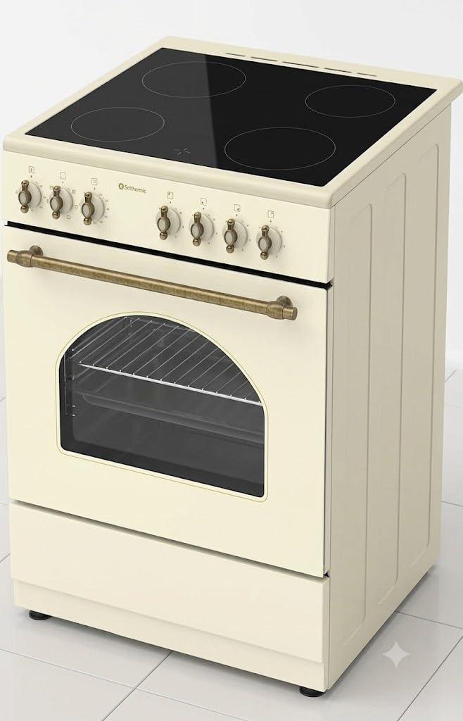 COCINA VITROCERÁMICA CREMA XL CON HORNO ELECTRICO 60 CM ANCHO SOLTHERMIC CREMA RÚSTICA ACABADOS DORADOS/, 4 FUEGOS/HORNO ELECTRICO