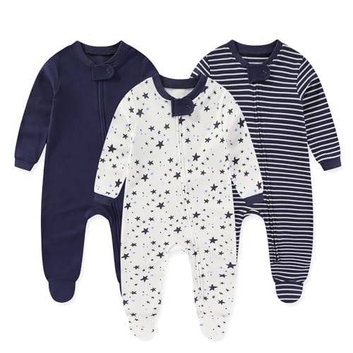 Image of JELYLOVE Unisex Zipper Baby Footies Rompers Long Sleeve 3 Pack Infant Boy Girl Jumpsuits 0-12Months Babies Outfits