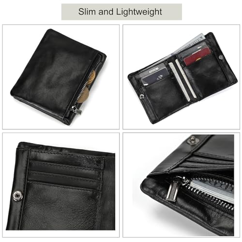 Genuine Leather Bifold Wallet with Multiple Card Slots for Men and Women, Slim Coin Pocket Cash Credit Card Holder Zipper Purse, Black4