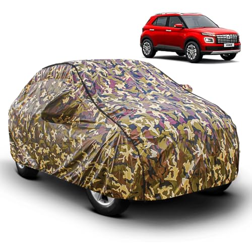 Image of FABTEC Car Body Cover for Hyundai Venue Jungle Print with Soft Cotton Lining Waterproof Car Cover UV & Rain Protection with Mirror Pocket Bottom Elastic (Military /Camouflage Pattern)