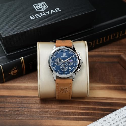 Image of BENYAR Men's Watches Waterproof Sport Military Watch for Men Multifunction Chronograph Black Fashion Quartz Wristwatches Calendar with Leather Strap