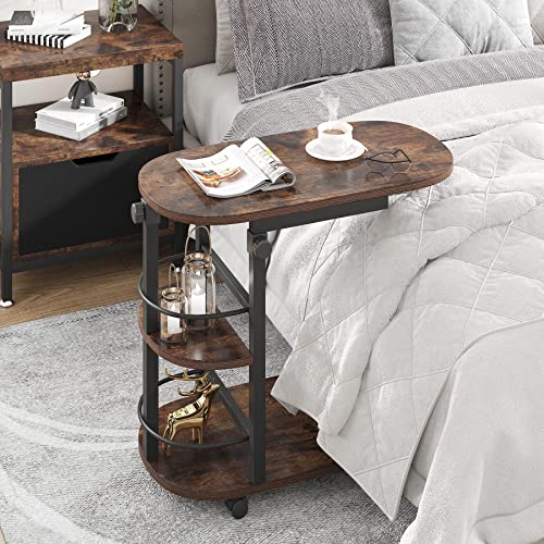Tribesigns Side Table Height Adjustable C Table With Wheels, Overbed Bedside Table, Snack Table, Tv Tray With Storage Shelves, Chair-Side Table For Living Room Bedroom #TOP2