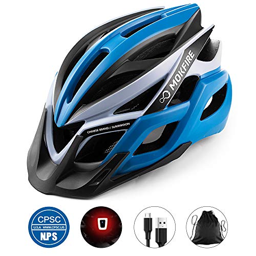 MOKFIRE Adult Bike Helmet with Rechargeable USB Light, Bicycle Helmet CPSC Certified