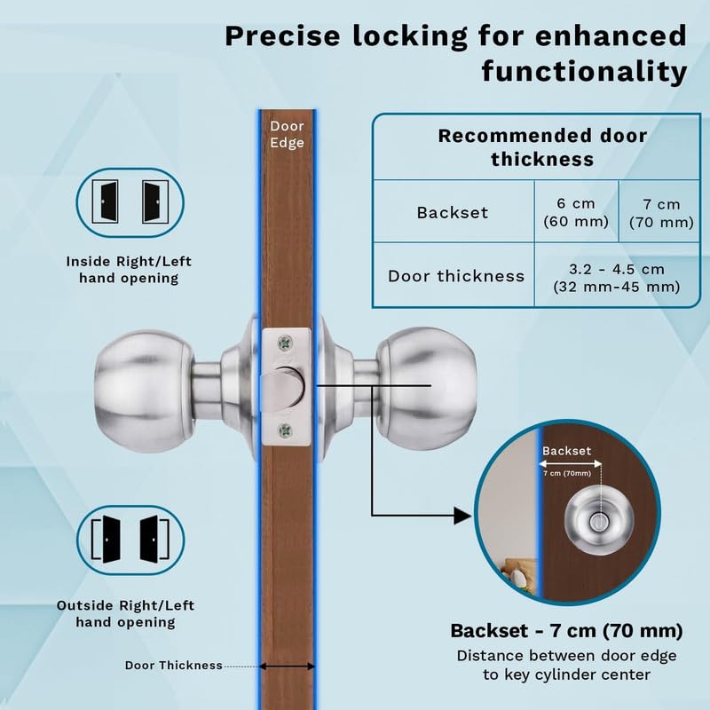 Image of Soul Craft High Security Stainless Steel SS 202 Cylindrical Lock Lockset Tubular Door Knob with 3 Simple Key Backset 70MM Pack of 1