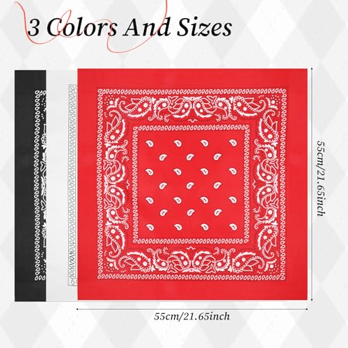 simarro 3 Stück Bandana Kopftuch Damen und Herren, 55 x 55 cm Paisley Muster Halstuch Pirat Cowboy Tuch Vierecktuch für Headwear Haar Schal Ansatz Handgelenk Biker (Rot, Schwarz, Weiß)