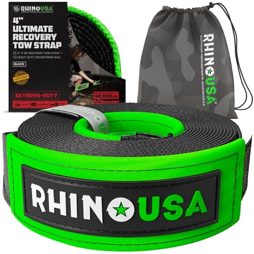 Image of Rhino USA Recovery Tow Strap (4 inch x 30') - 40,320lb Break Strength - Emergency Recovery Strap Tow Rope for Diesel Trucks, Backhoe, Excavators & More - Heavy Duty Towing Strap for Offroad 4x4 Use