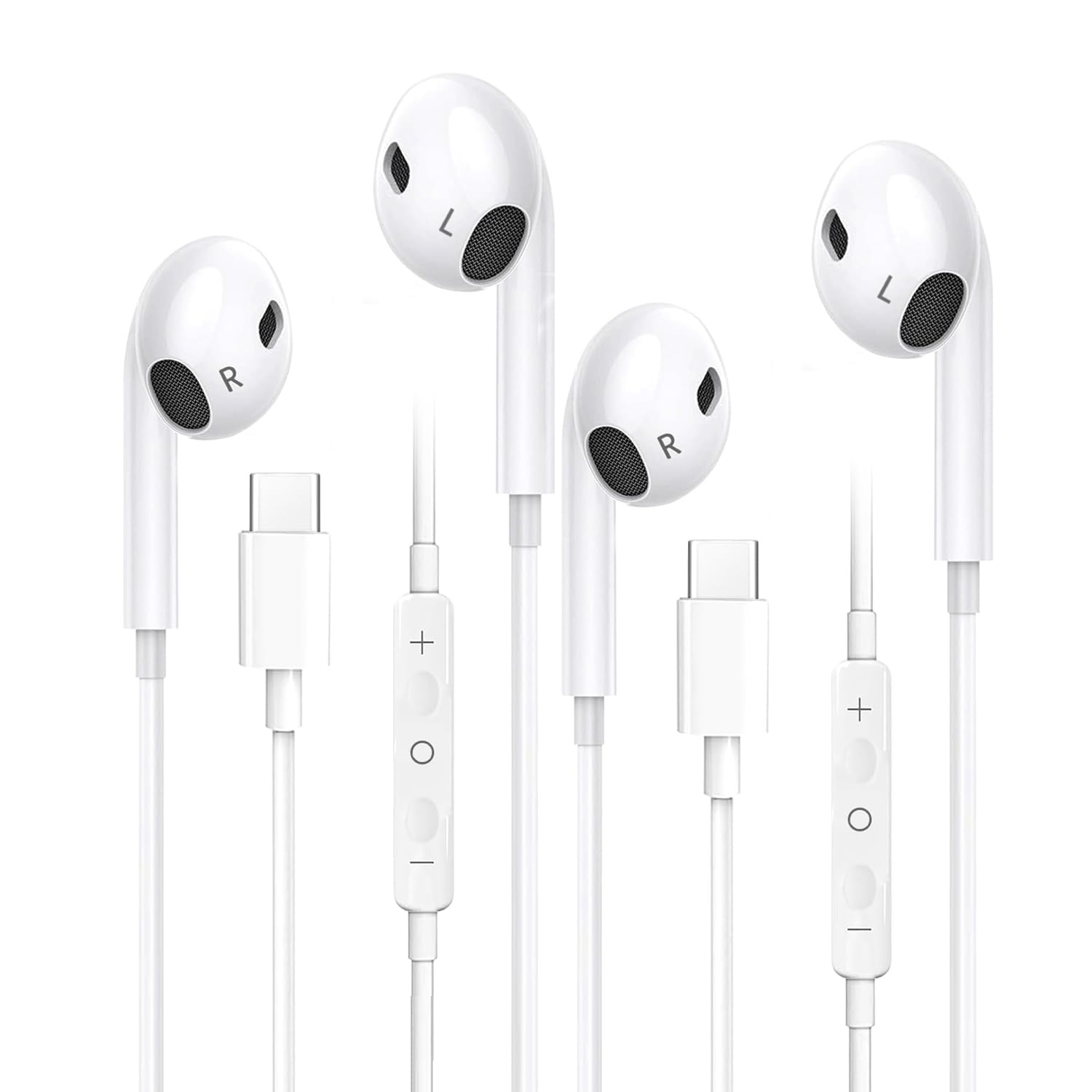 USB C Headphones-2 Pack Type C Headphones Compatible with iPhone 15/16/17 Pro Max Wired Earphones USB C Built-in Microphone and Volume Control Type C Earphones for Galaxy S23/S22Ultra Note 10/20-White