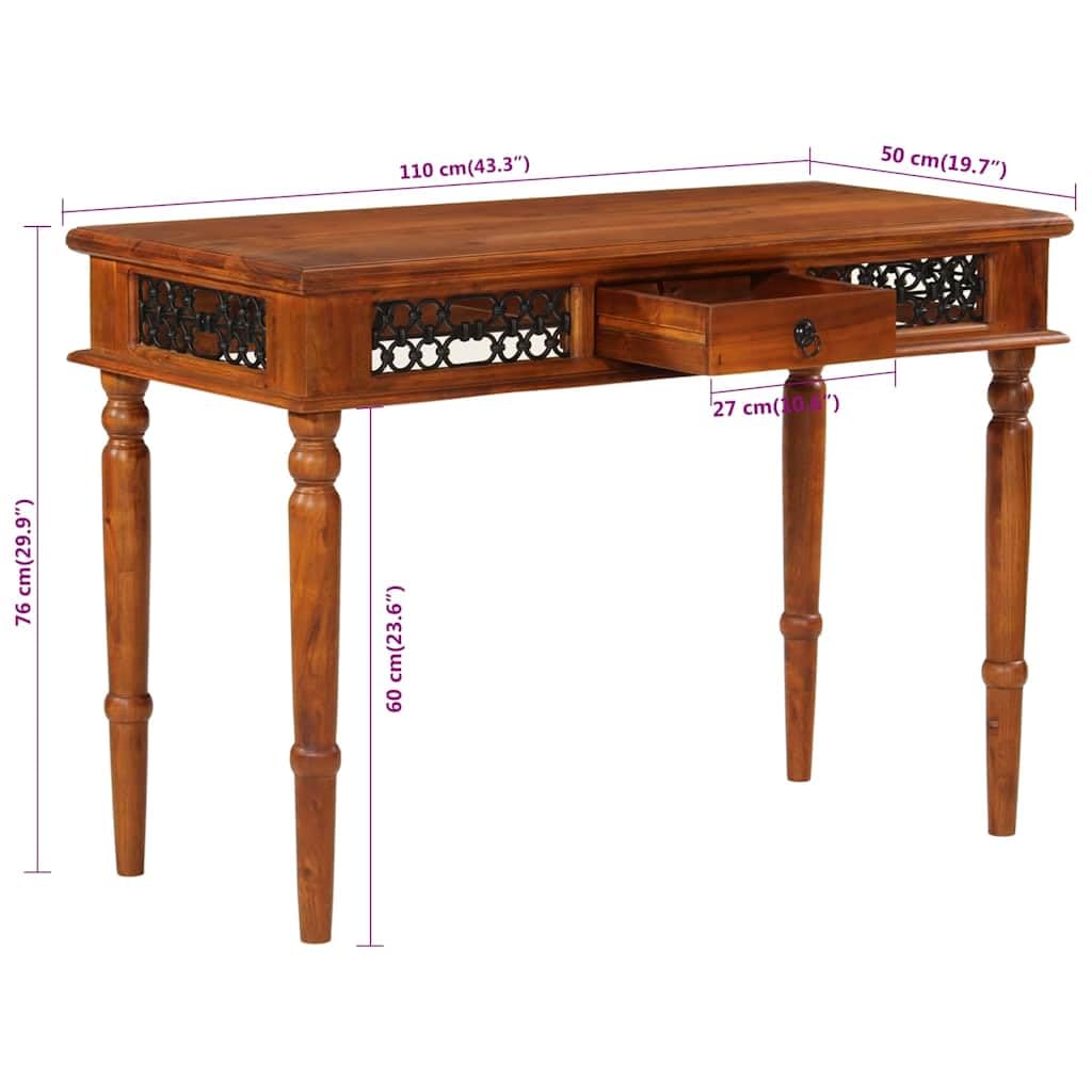 Scrivania in legno di acacia massiccio con cassetto, 110 x 50 x 76 cm, tavolo da lavoro per casa, ufficio, studio, segretario con maniglia in metallo e finitura color miele