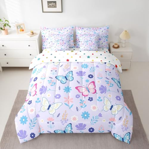 Image of Erosebridal Flying Butterflies 7 Pieces Bedding Set King Size,Pink and Blue Bed in a Bag,Cartoon Garden Floral Bed Set Includes Comforter,Sheet Set,Pillowcases & Pillow Covers,Wildlife Bedroom Decor