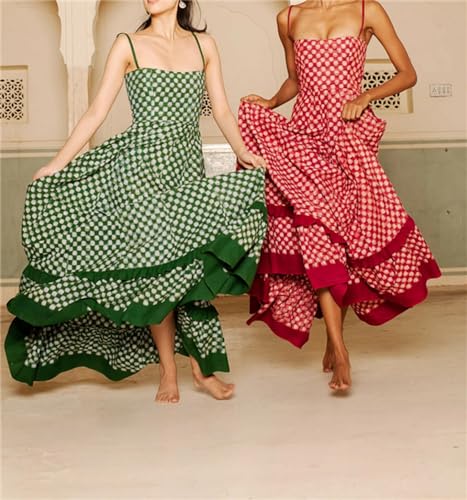 Image of Yuemengxuan Boho Maxi Dresses for Women Spaghetti Strap Flowy Smocked Long Dress Casual Summer Vacation Beach Maxi Dress