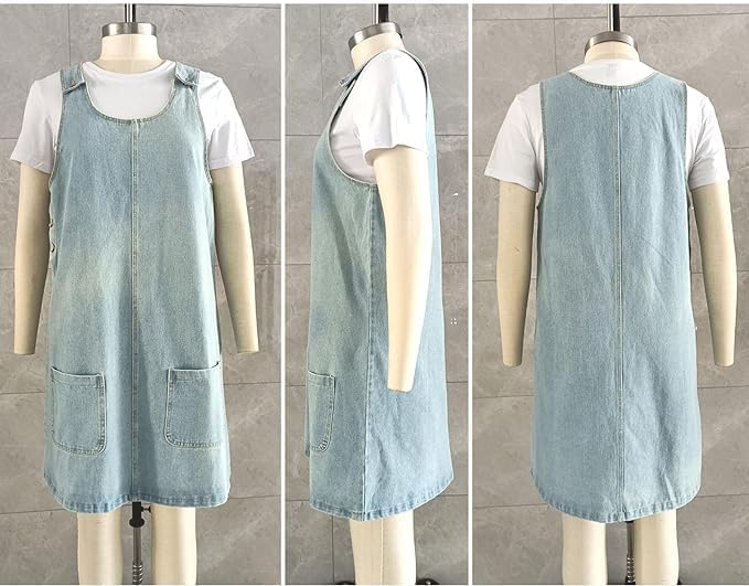 Image of Overall Dress for Women Denim Dress Denim Overall Round Neck Skirtall Jean Dress Denim Jumper Dress Pinafore