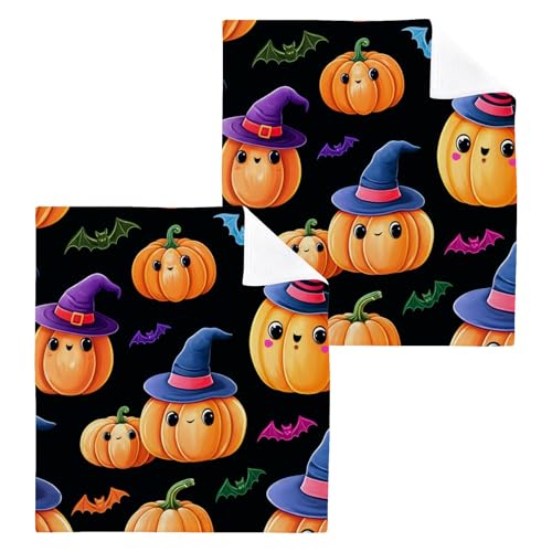 Kigai Pumpkins Wearing Witch Hats 4 Pack Washcloths Cotton Soft Absorbent Skin Friendly Wash Cloths Fingertip Towels Machine Washable 12x12 in